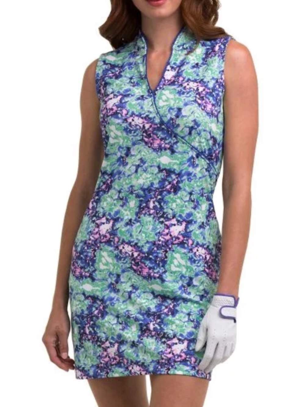 Sleeveless Floral Print Golf Dress in Aqua, Blue & Pink